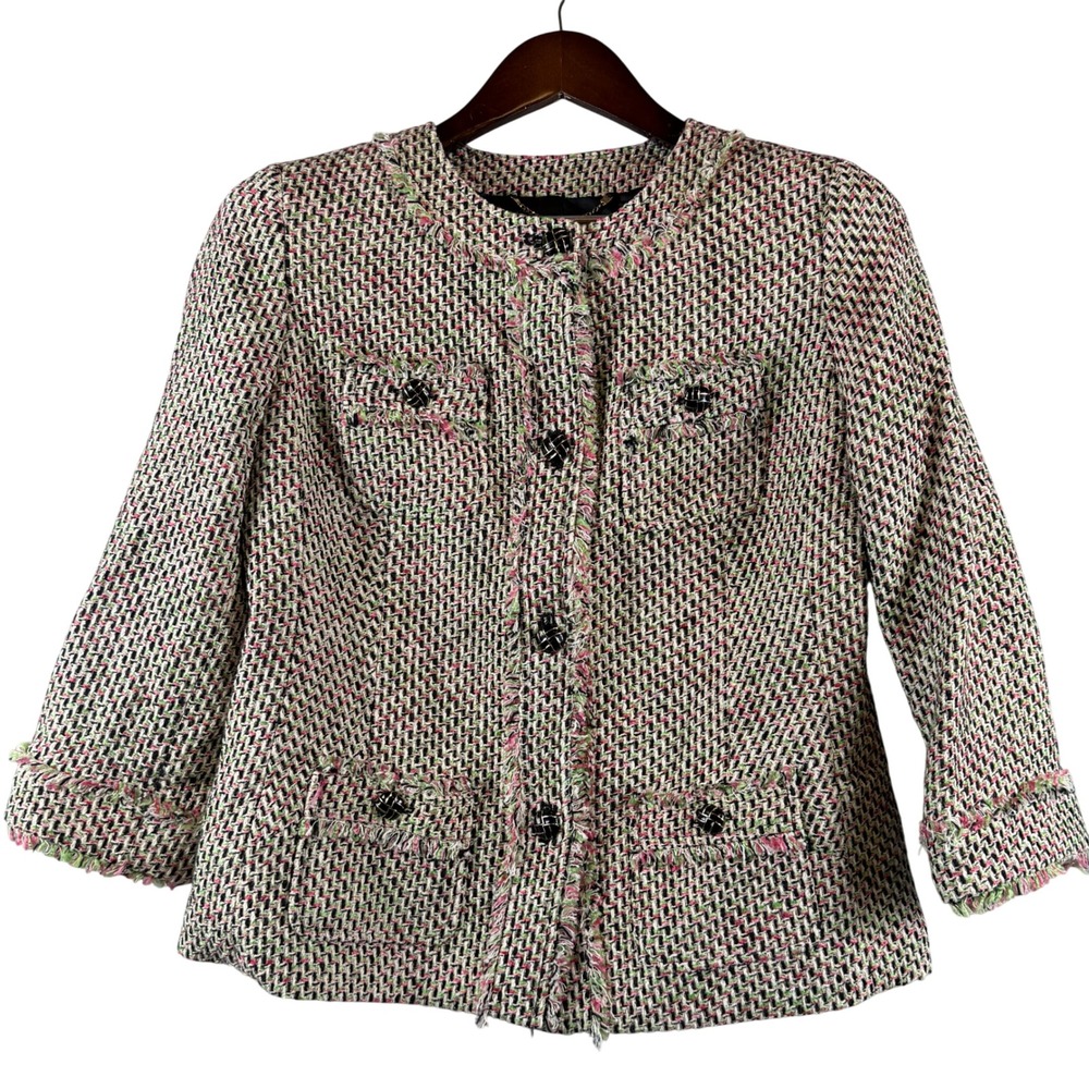 Talbots Women's 4 Multicolor Tweed Blazer Fringe Trim 3/4 Sleeve Career Jacket